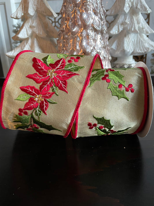 Designer poinsettia holly shimmer red and green 4” x 5 yards. *