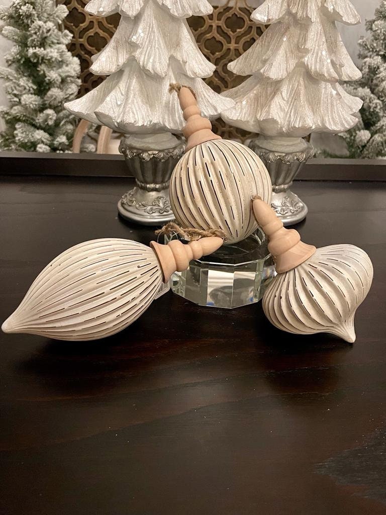 7.5" Grooved ornament set of 3. Glass and wood.*