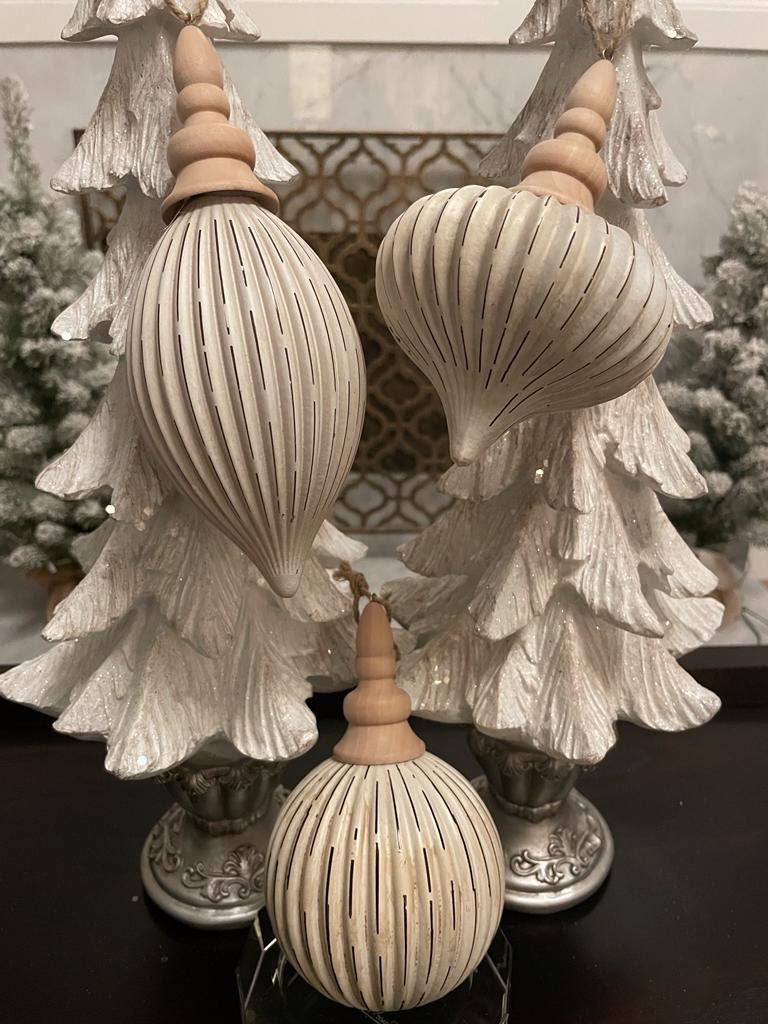 7.5" Grooved ornament set of 3. Glass and wood.*