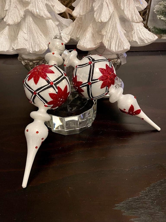 11" Poinnsettia and diamond point finial glass ornament set of 2*