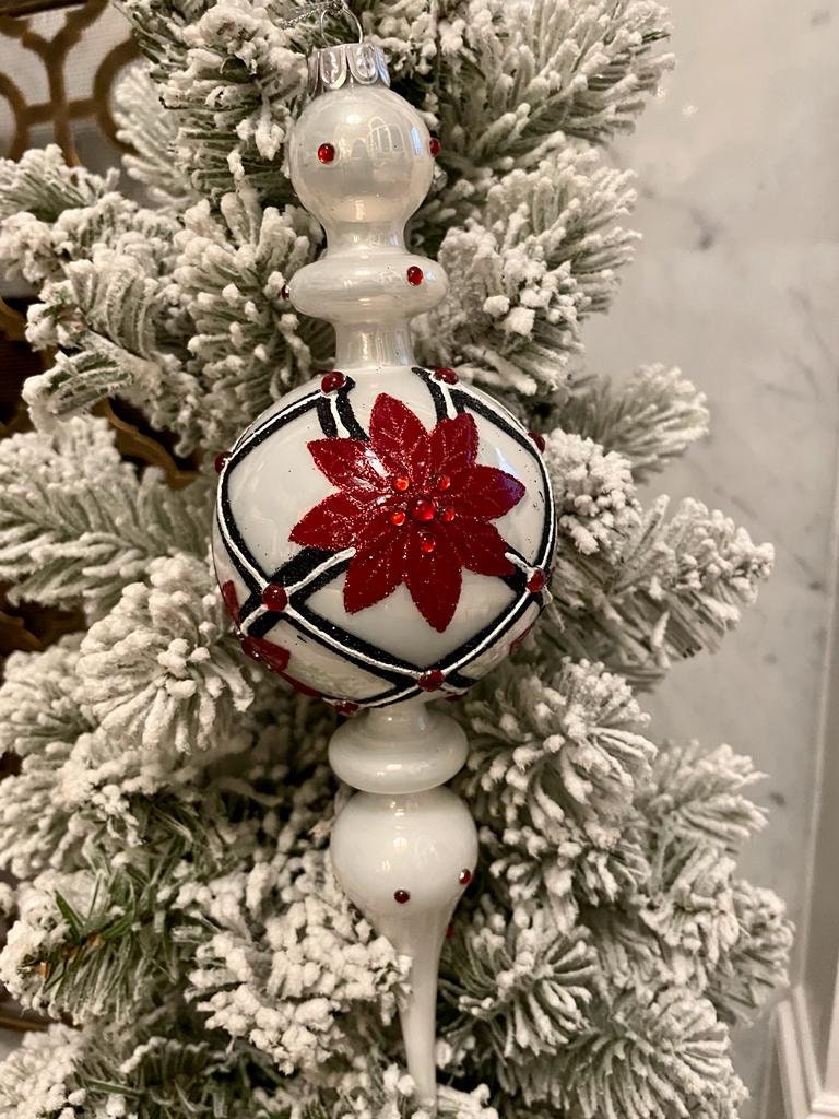 11" Poinnsettia and diamond point finial glass ornament set of 2*
