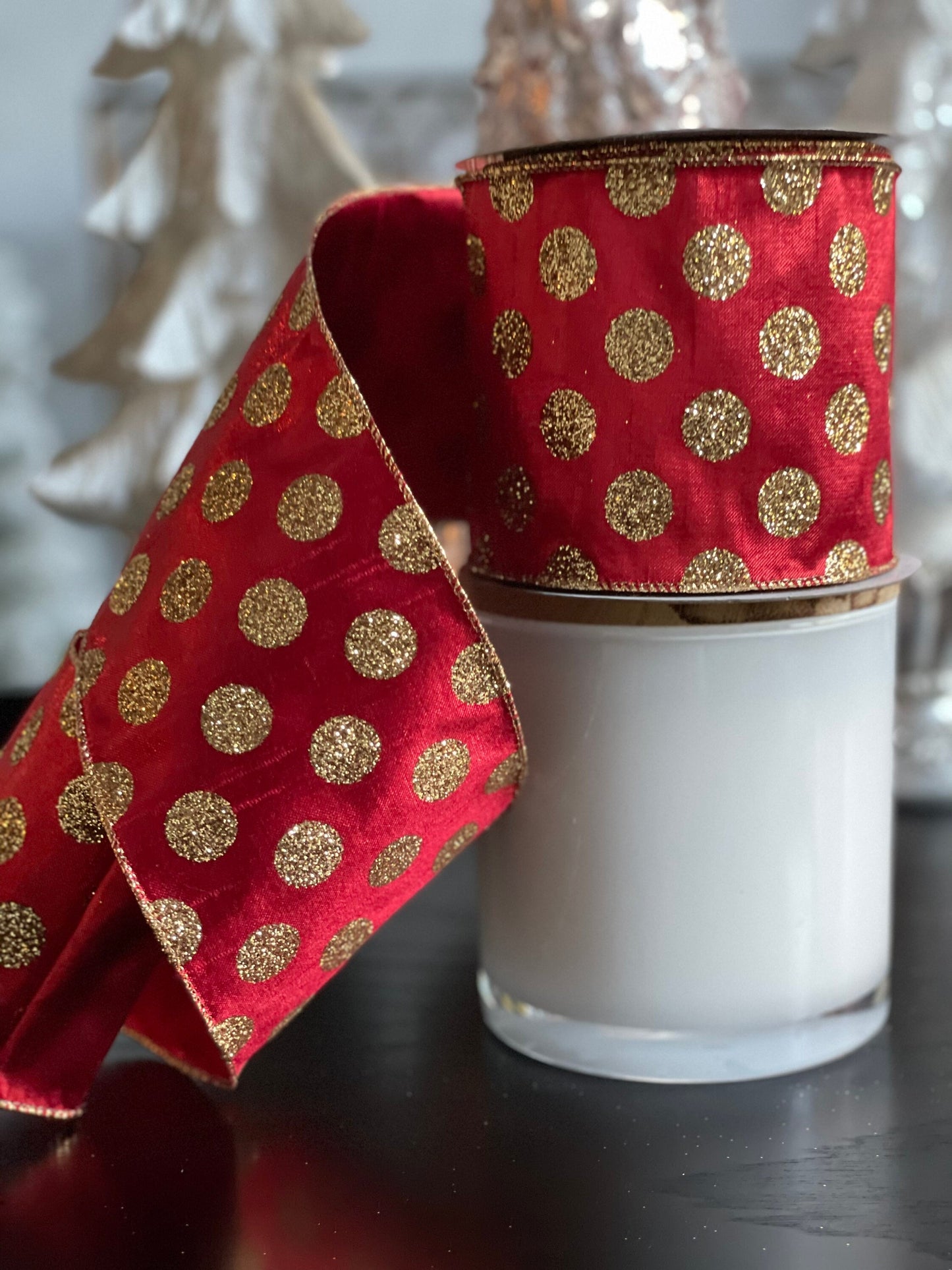 Designer Christmas dots red and gold 4” x 10 yards.*