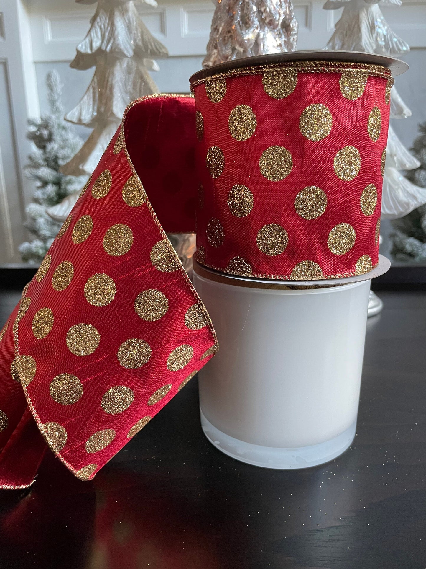 Designer Christmas dots red and gold 4” x 10 yards.*