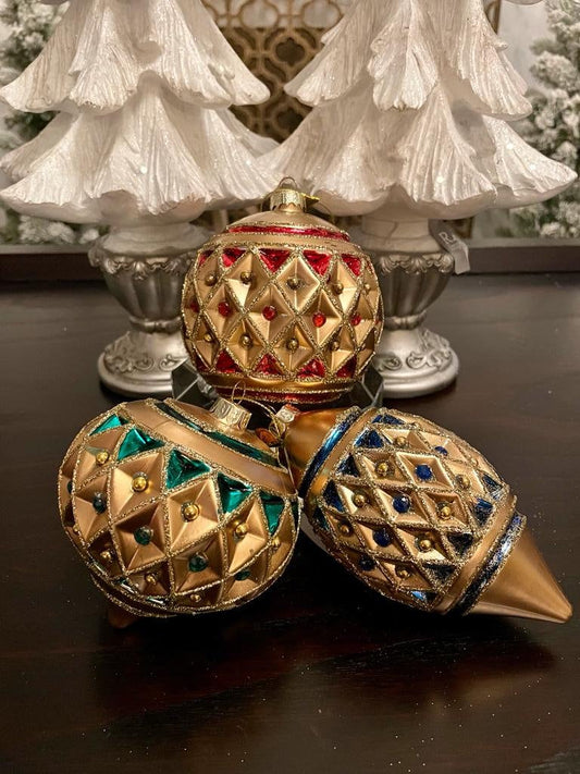 4"Jewelwed diamond point glass ornament set of 3*