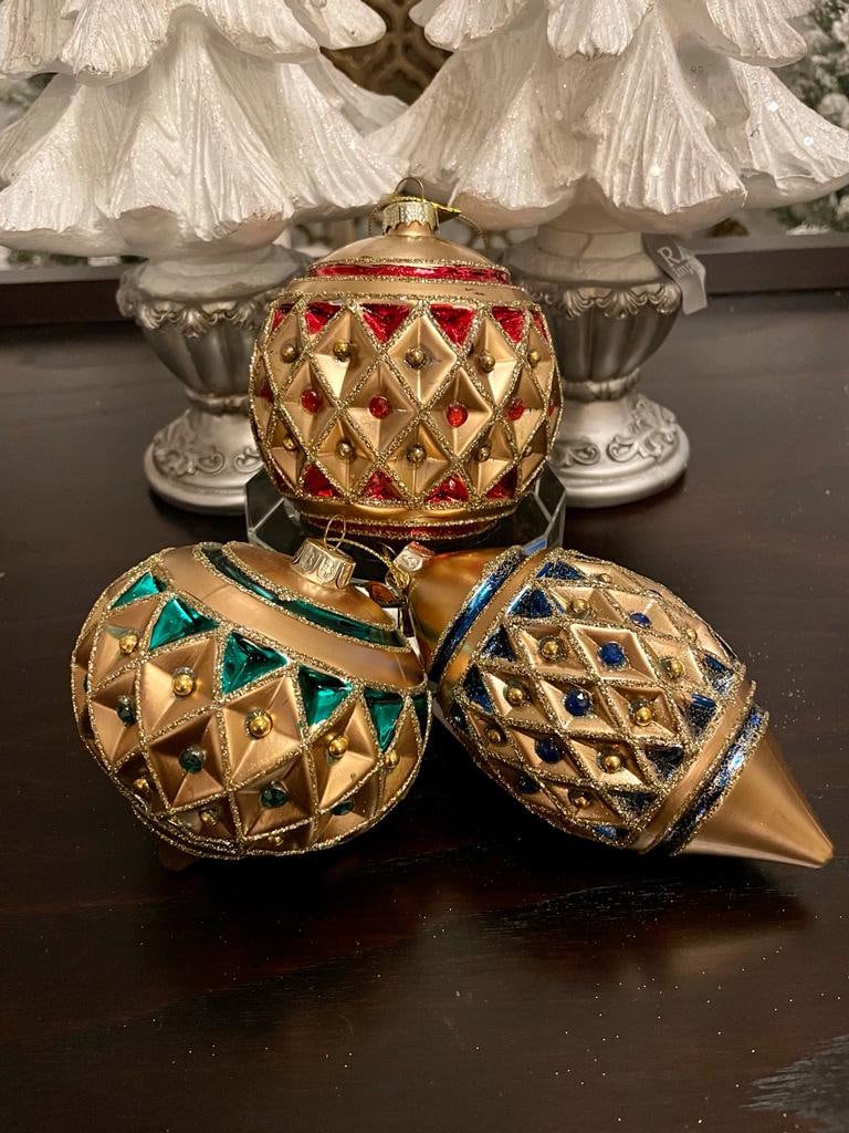 4"Jewelwed diamond point glass ornament set of 3*