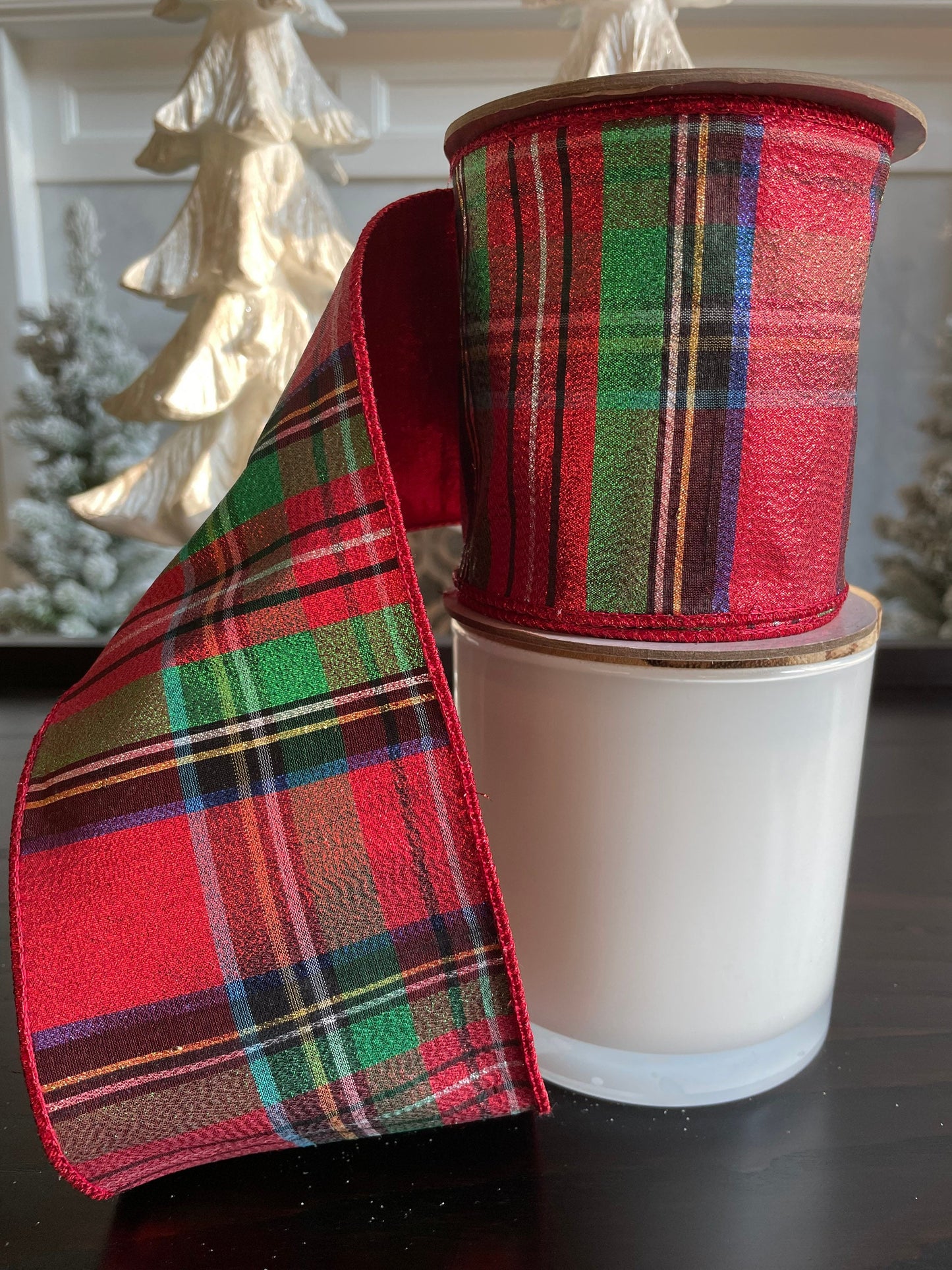 Designer ribbon, Metallic Plaid 4” x 10 yards. Red, black, green, white and blue.*