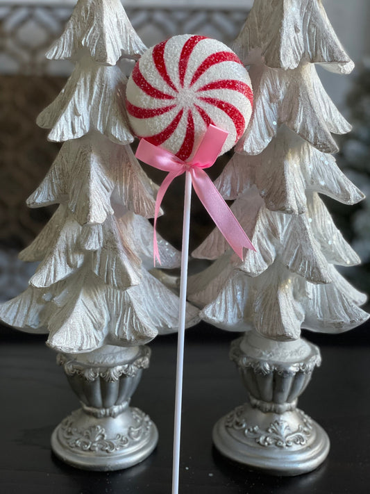 15" frosted lollipop pick, red, white. Shatterproof. Pink bow.*