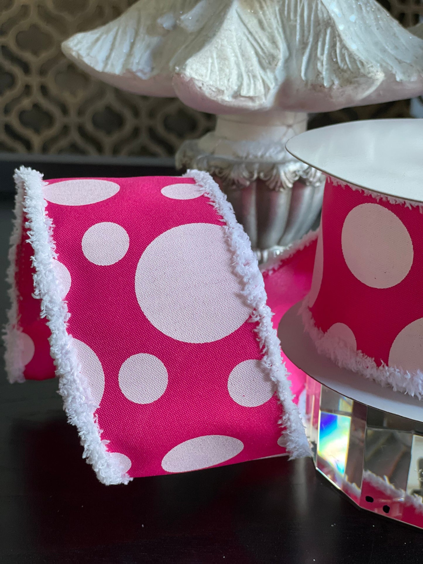 Pink and white dots wired ribbon 2.5” x 10 YDS*