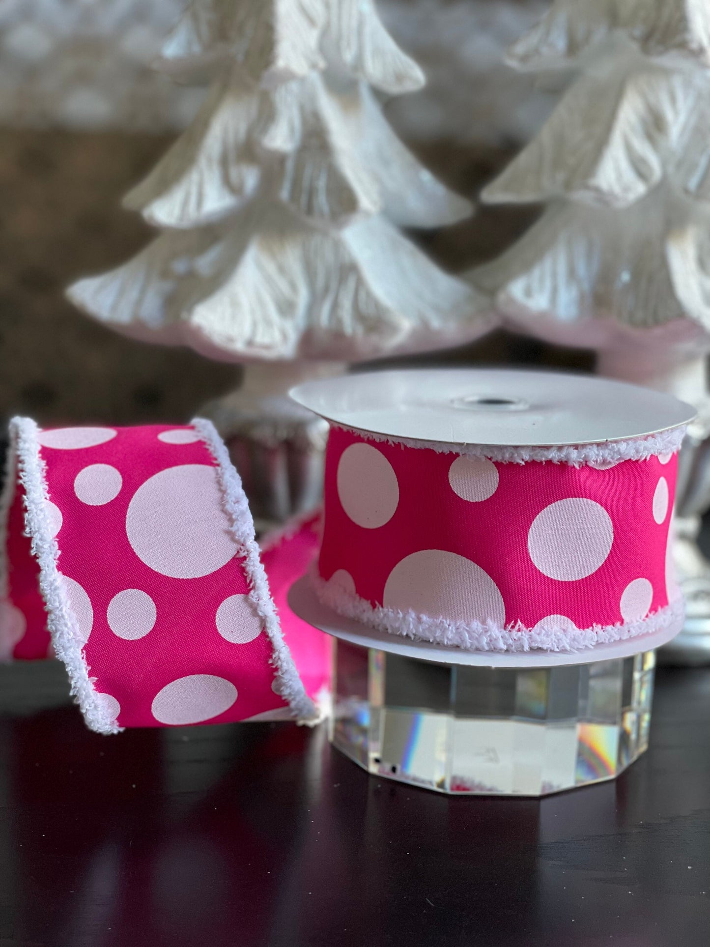 Pink and white dots wired ribbon 2.5” x 10 YDS*