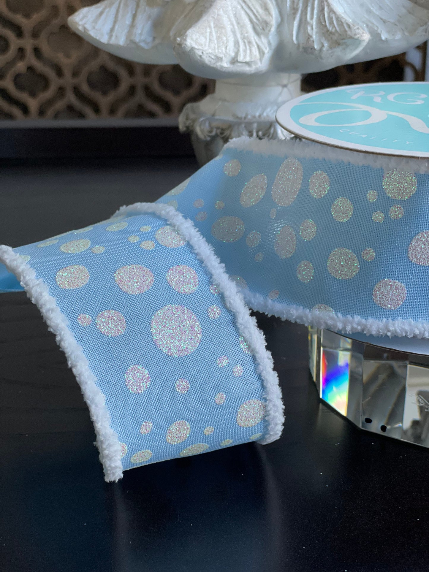 Baby blue and white dots wired ribbon 2.5” x 10 YDS*