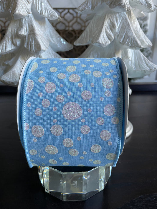 Baby blue and white dots wired ribbon 4” x 10 YDS*