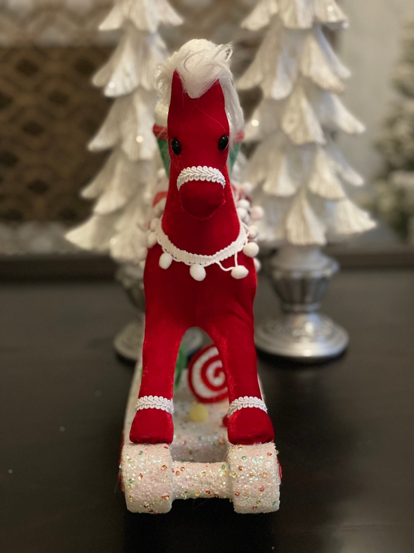 14 x15 inch Rocking horse with cupcake ornament velvet and lace. Multicolor. Red, white, green. Glitter.