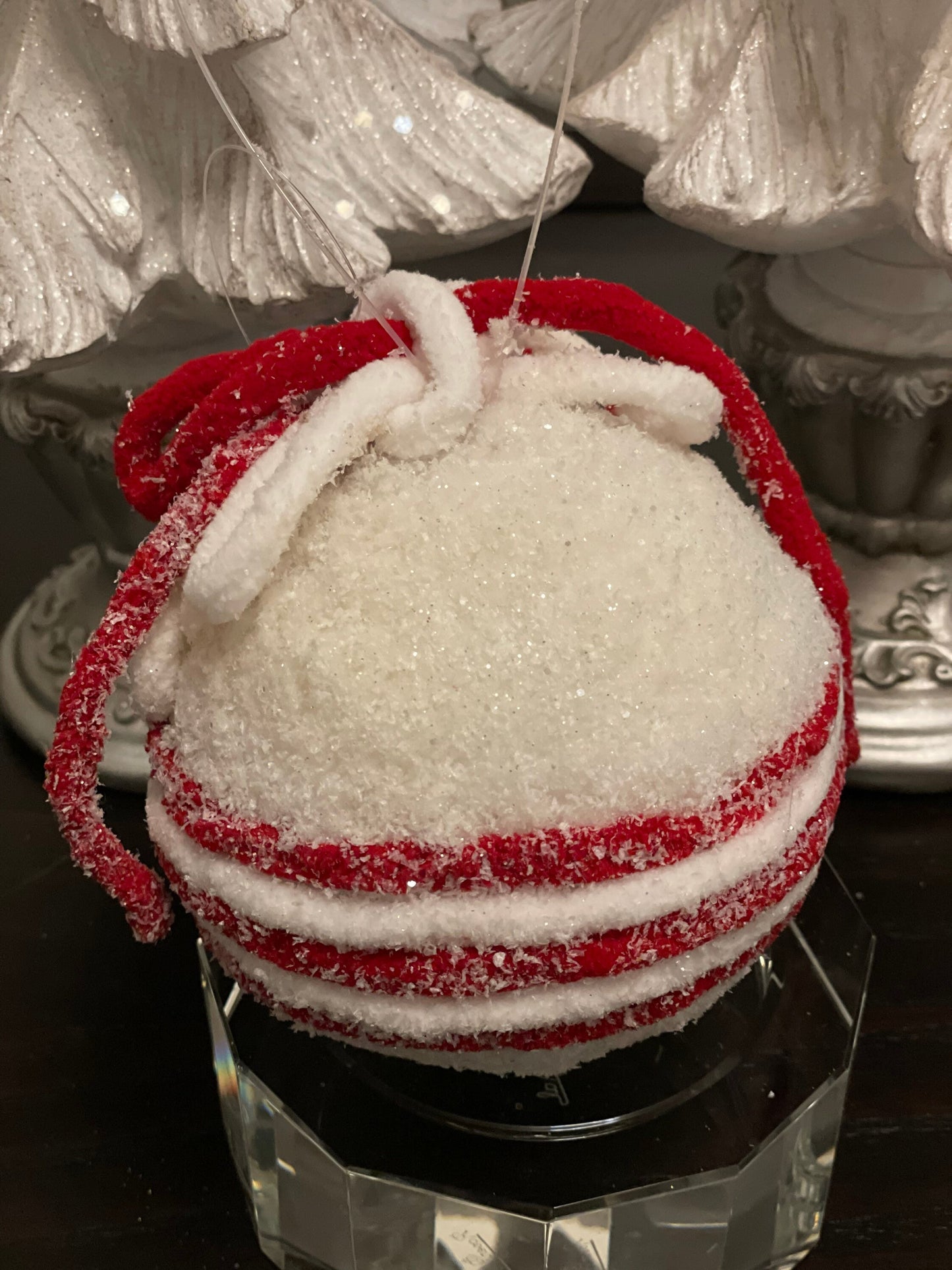 4.5” frosted ball ornament. candy cane ornament. Red and white frosted ornament.