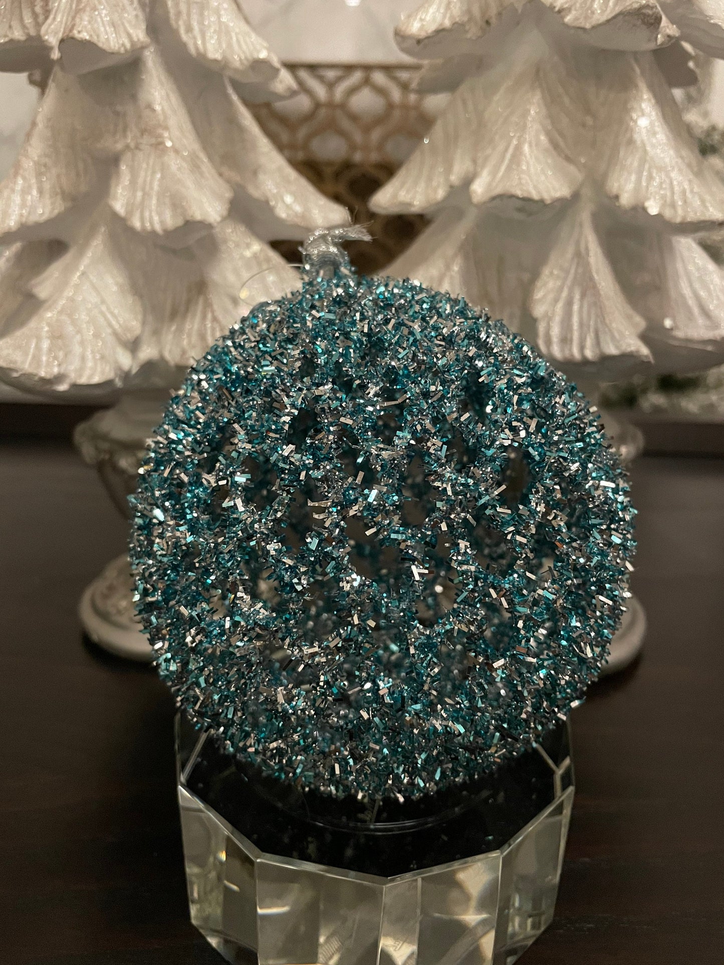 6” Aqua tinsel glitter ball ornament. candy ornament.