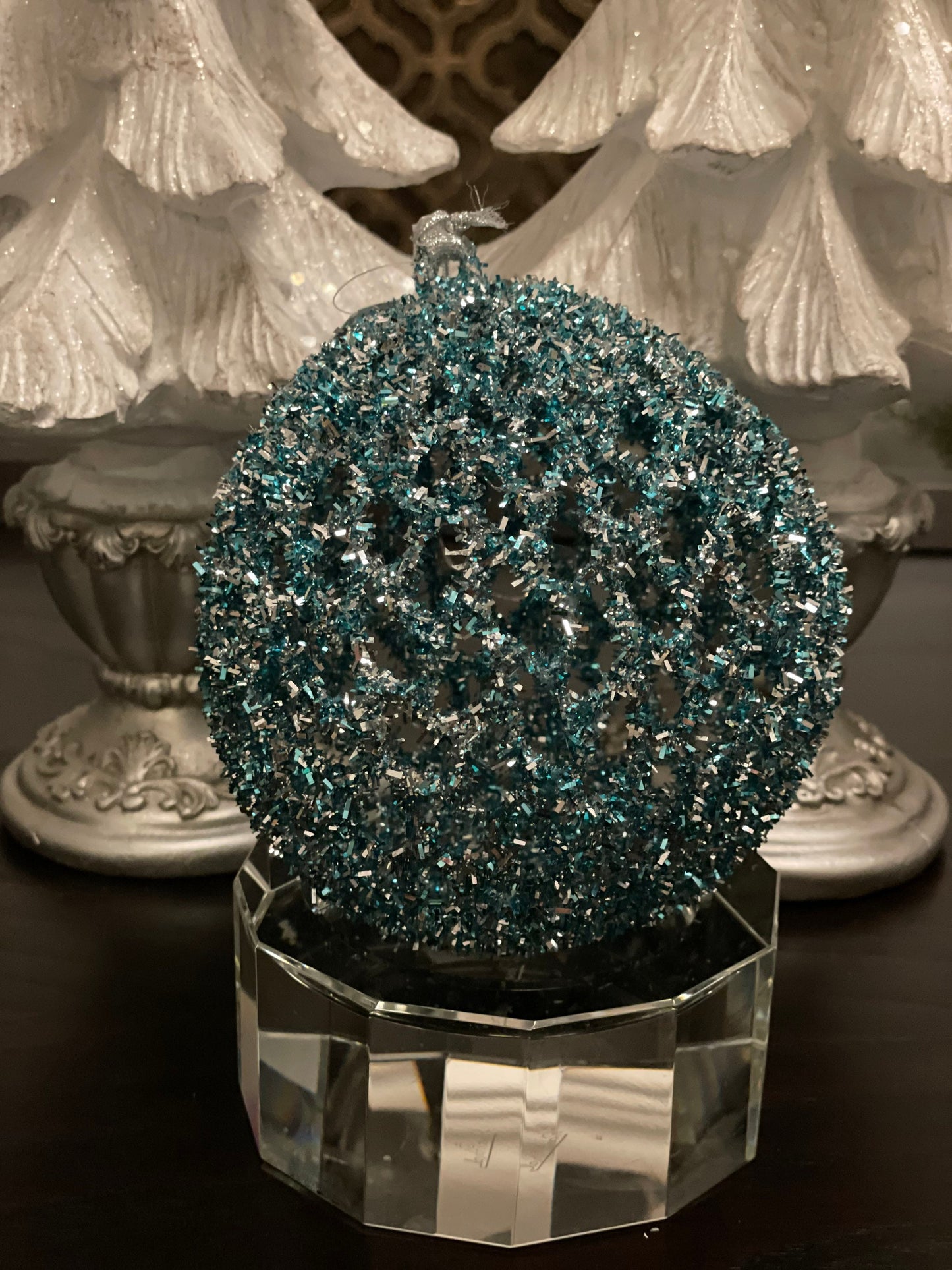 6” Aqua tinsel glitter ball ornament. candy ornament.