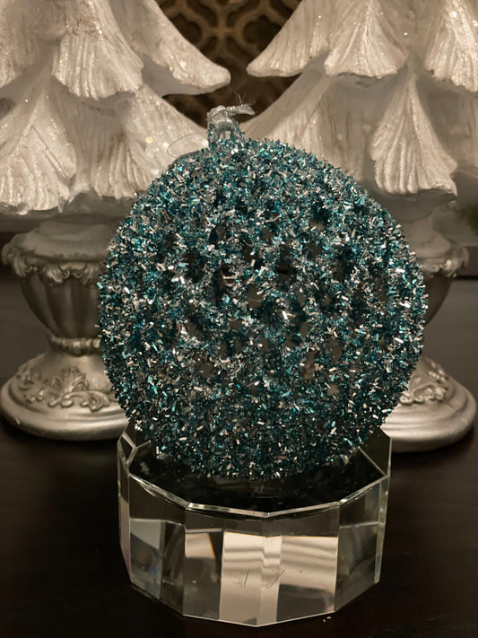 6” Aqua tinsel glitter ball ornament. candy ornament.