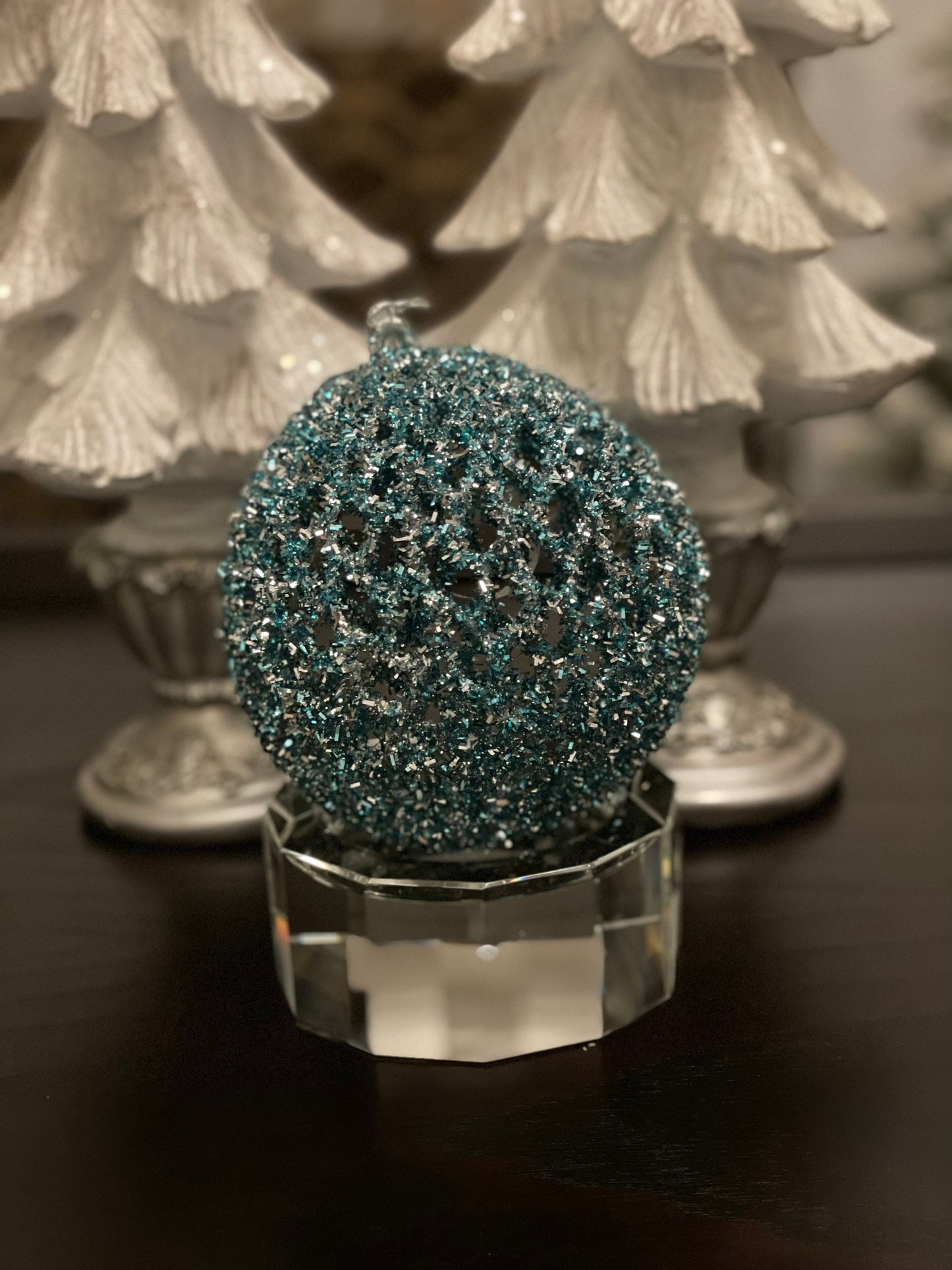 6” Aqua tinsel glitter ball ornament. candy ornament.