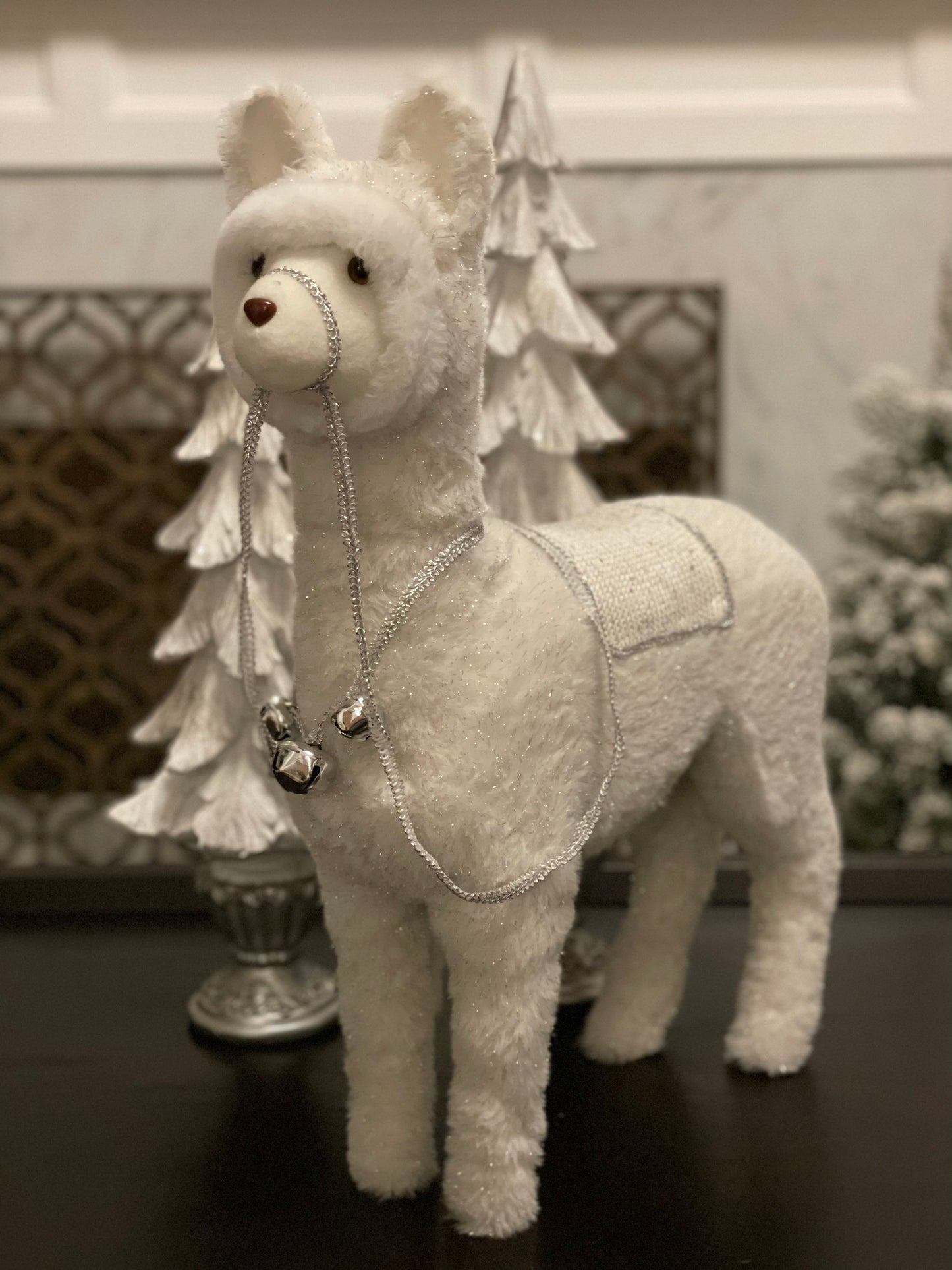 21 x 16.5 inch Llama ornament. White and silver. Lace and jingle bells.