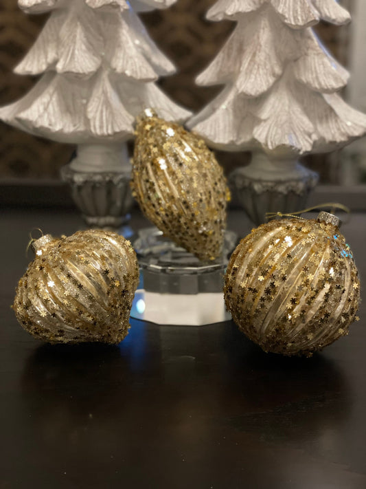 4" gold glass ornament with stars set of 3