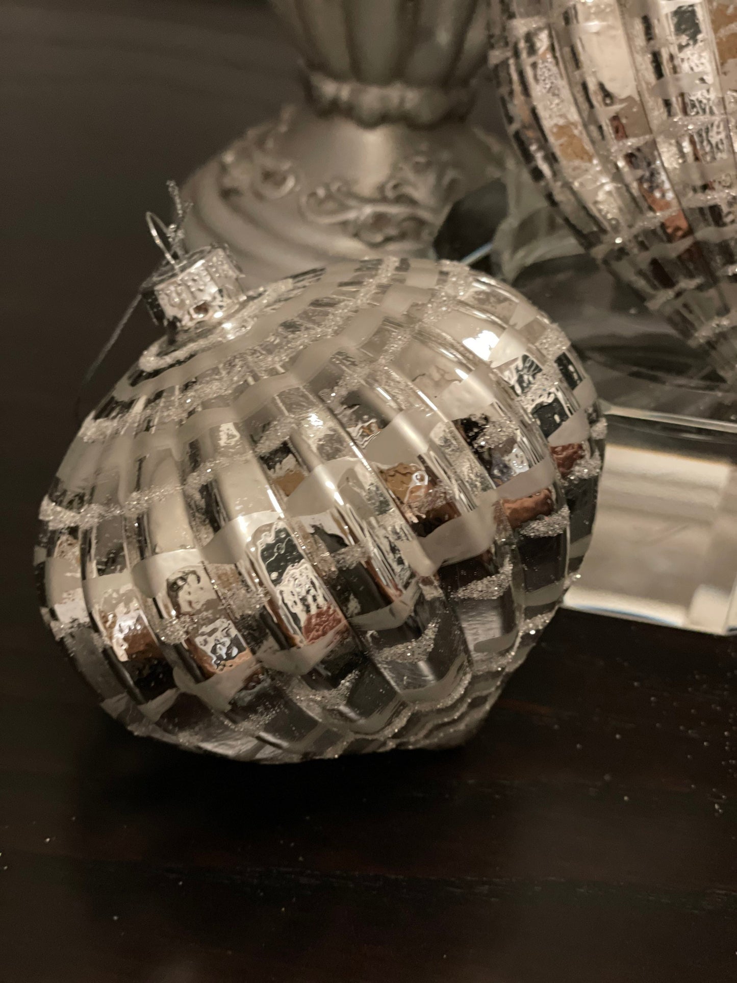 4" silver glass ornament with glitter set of 3*