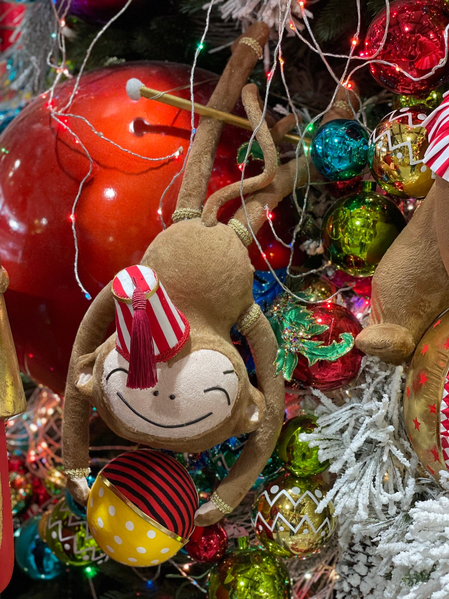 24 inch Monkey hanging with ball ornament. Lace embellishments. Circus. Christmas.