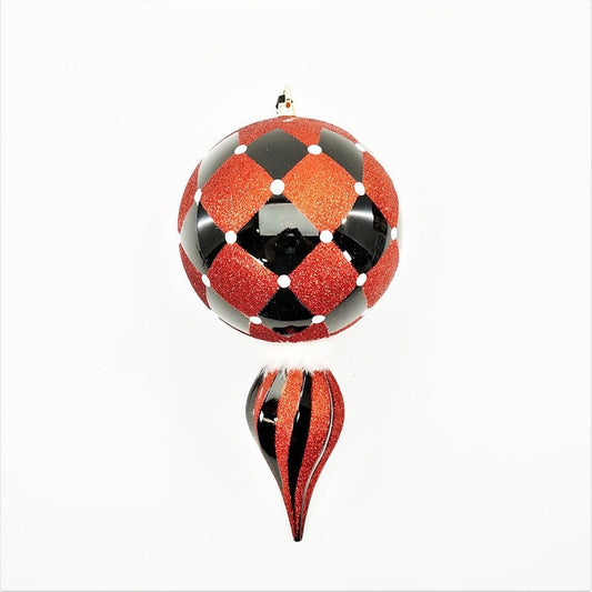 16” finial red, black and white. Christmas. Diamond pattern. White feather.