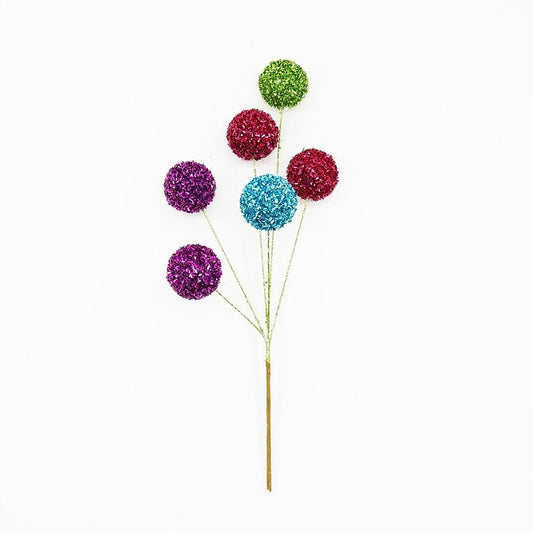 16” ball pick tinsel, pink, green, purple and blue.
