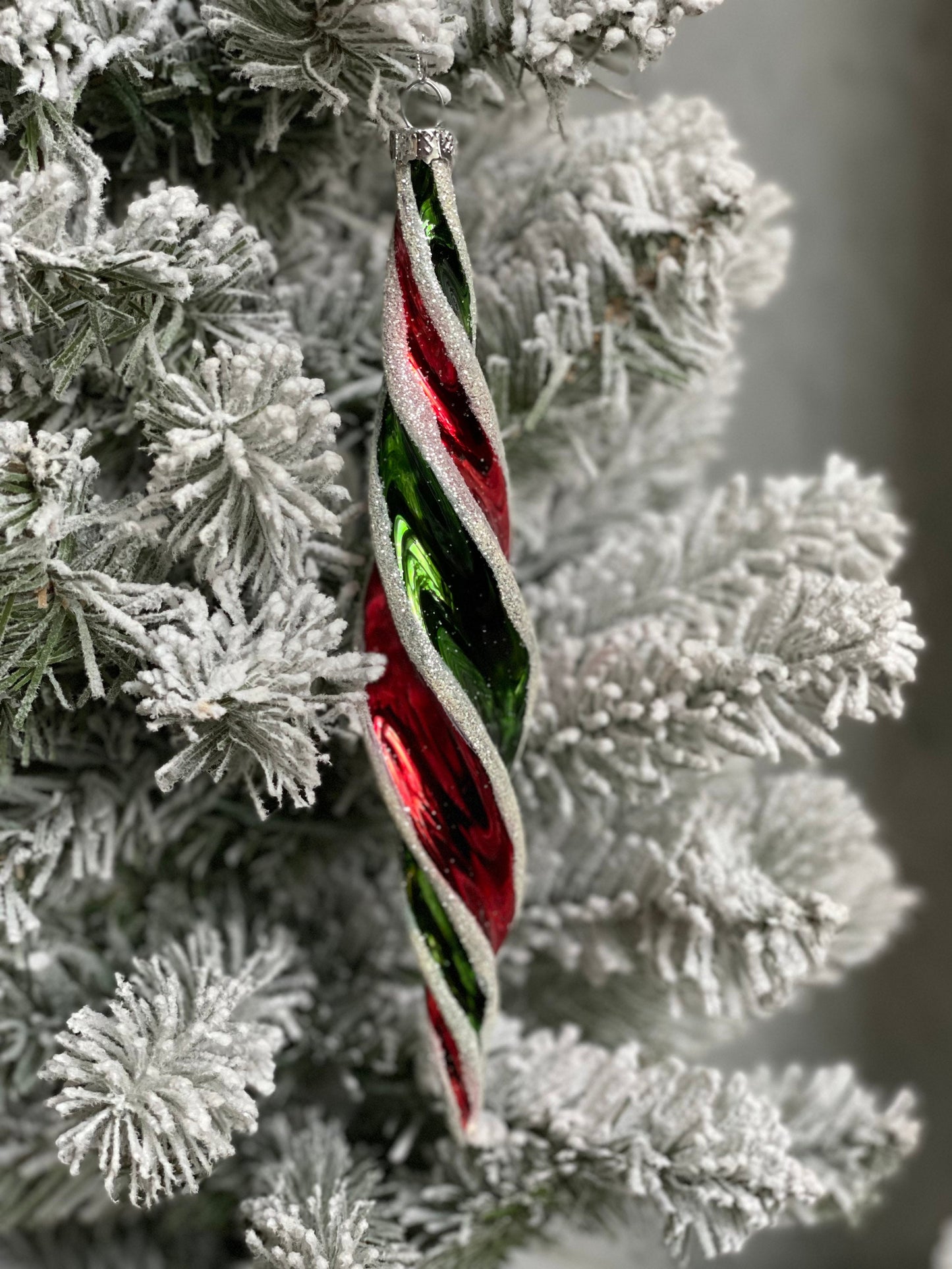 10” glass swirl finial red, green and white glitter. finial ornament.