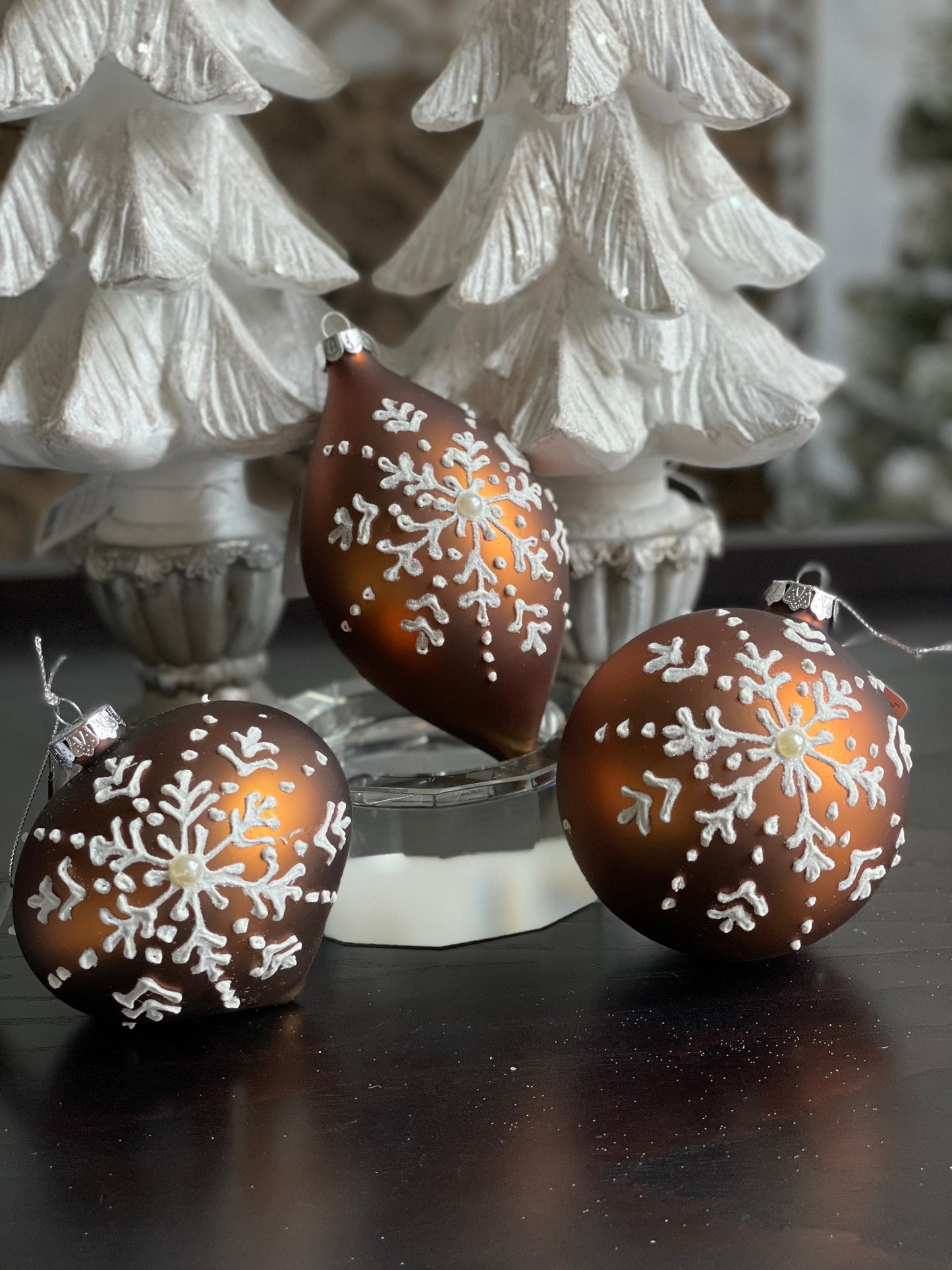 4" gingerbread snowflake patterned glass ornament. set of 3 ball, onion and finial.