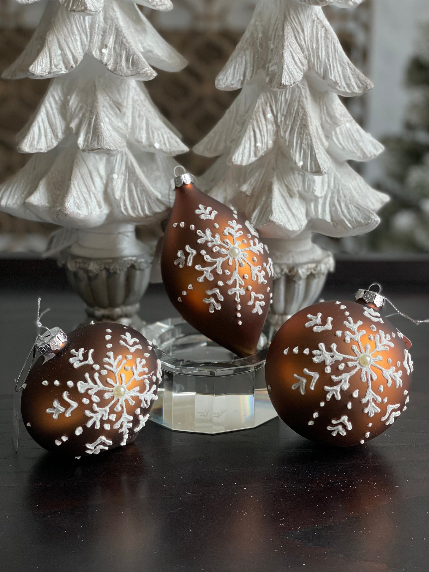4" gingerbread snowflake patterned glass ornament. set of 3 ball, onion and finial.