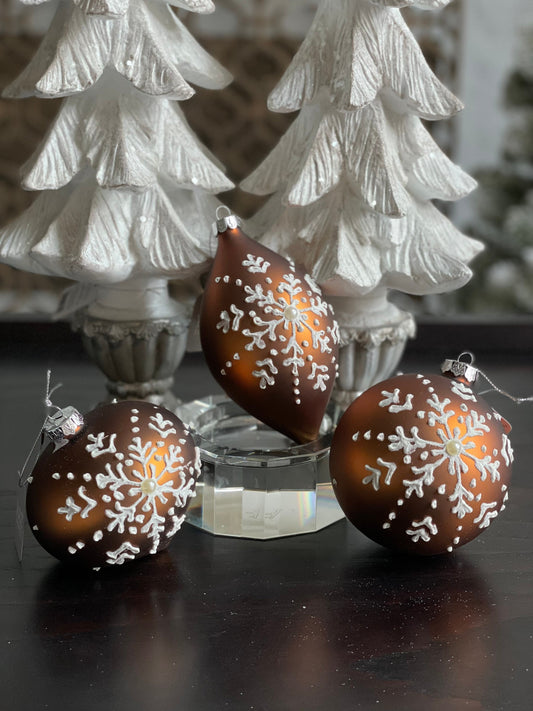 4" gingerbread snowflake patterned glass ornament. set of 3 ball, onion and finial.
