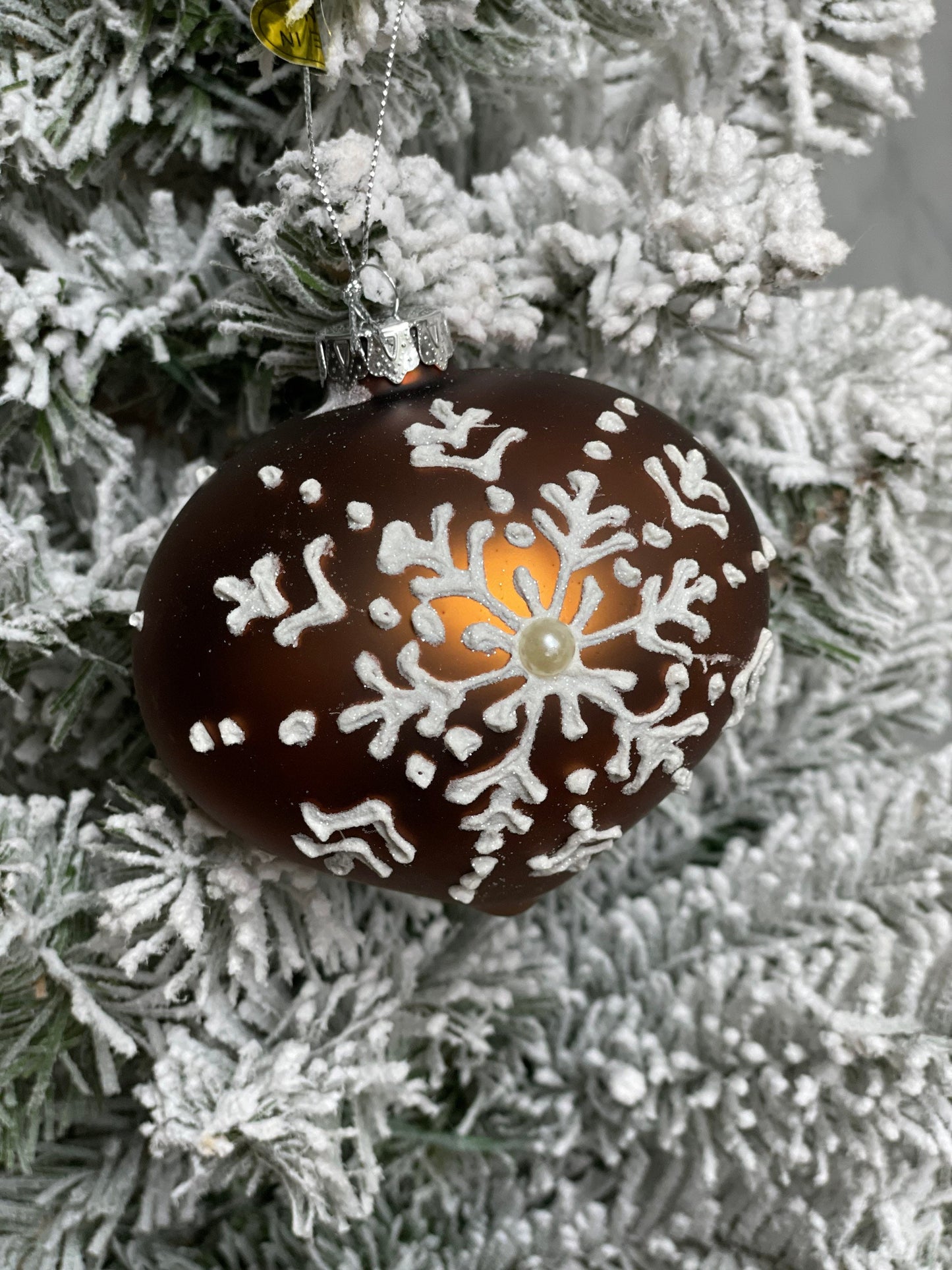 4" gingerbread snowflake patterned glass ornament. set of 3 ball, onion and finial.