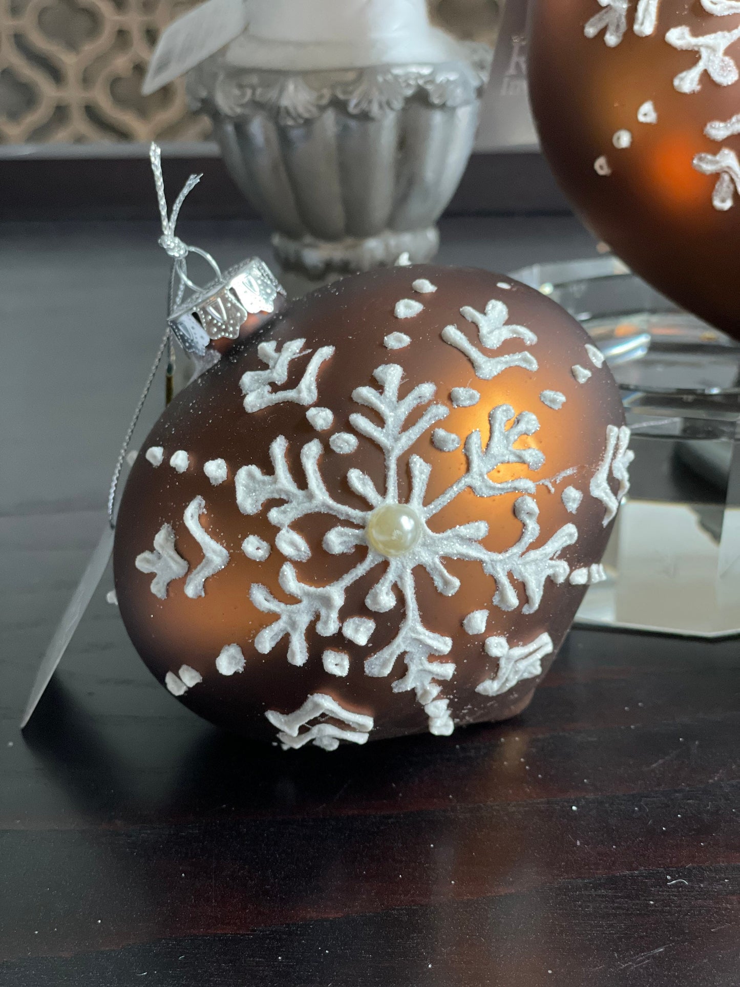 4" gingerbread snowflake patterned glass ornament. set of 3 ball, onion and finial.