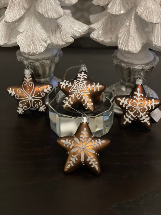 3.25" gingerbread star snowflake patterned glass ornament. set of 4.*