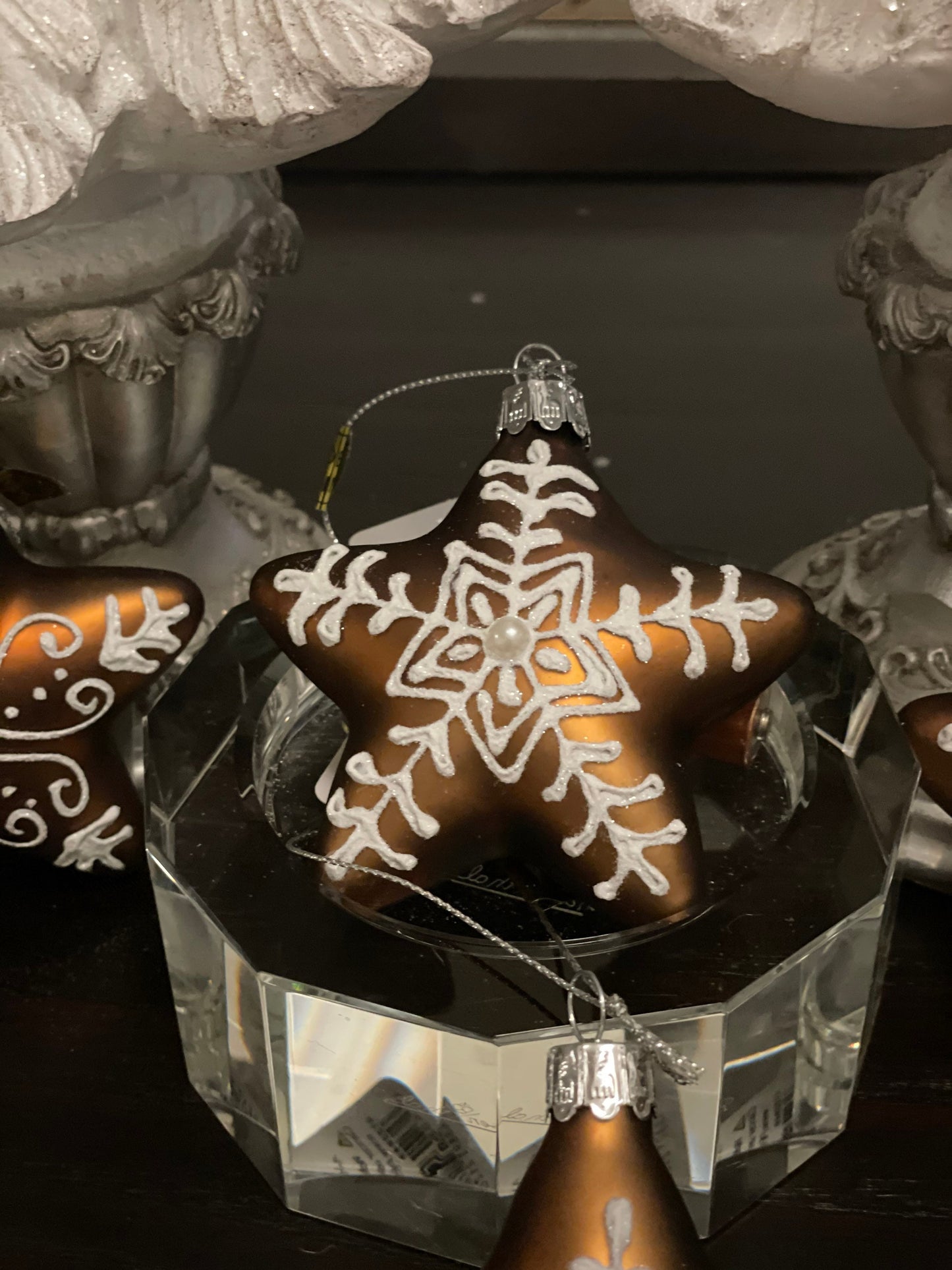 3.25" gingerbread star snowflake patterned glass ornament. set of 4.*