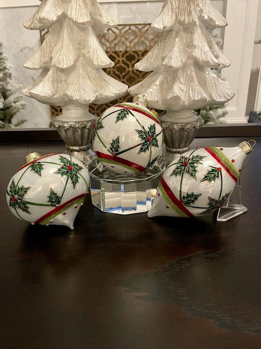 4" Holly leaf glass ornament. Set of 3. Ball, onion and finial.