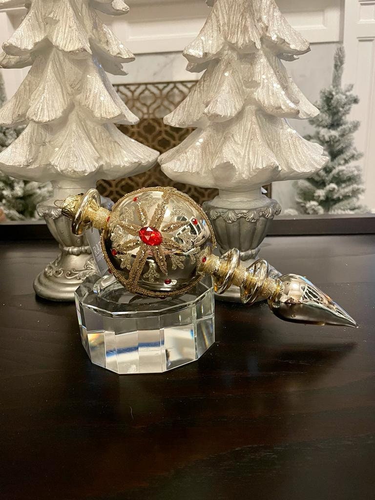11.5” Jeweled finial glass ornament. Gold and red