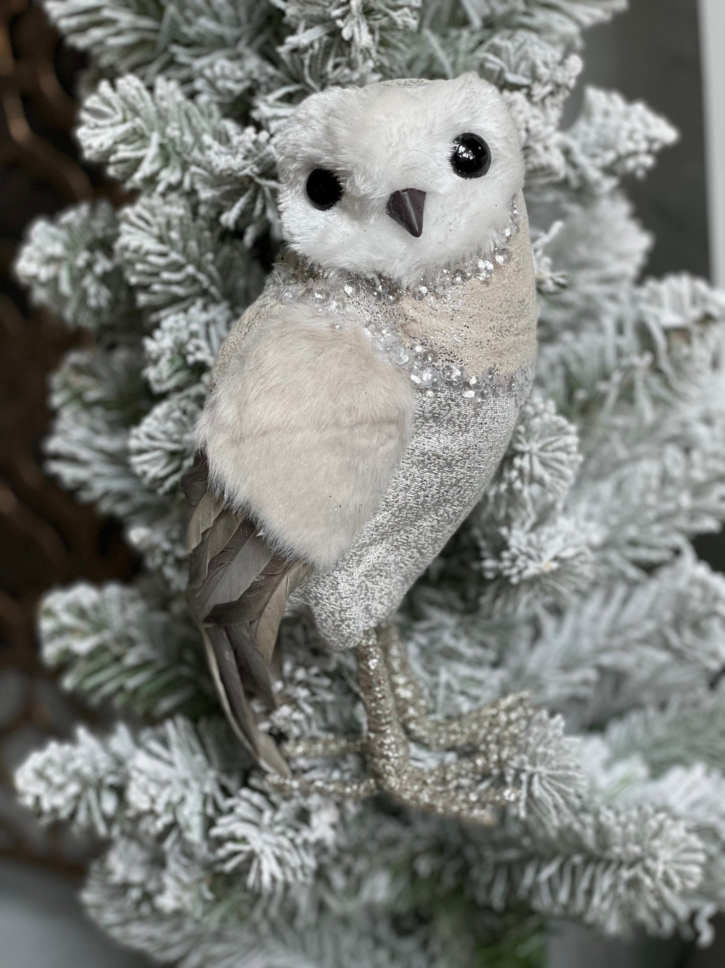 9” jewel Owl ornament. White silver.