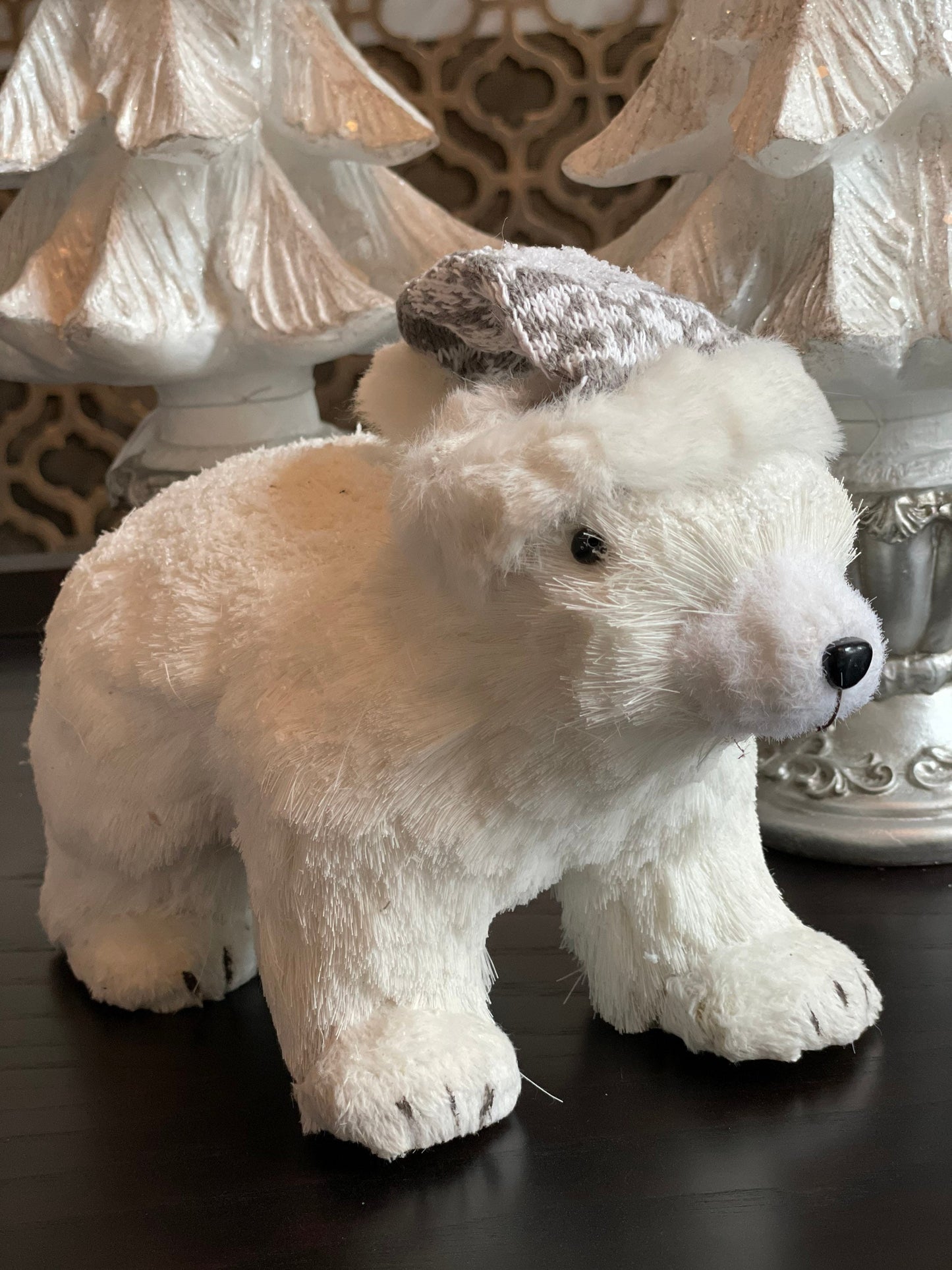 9.5” Polar bear with hat ornament. Christmas.