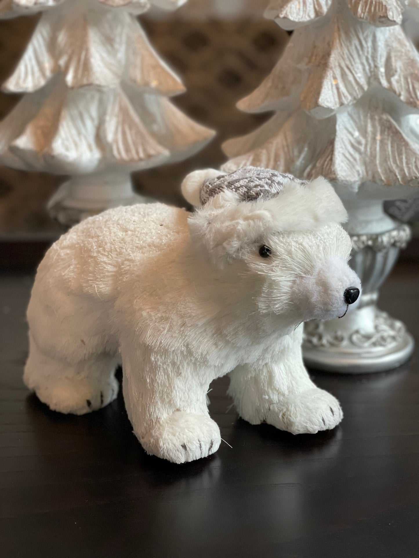 9.5” Polar bear with hat ornament. Christmas.