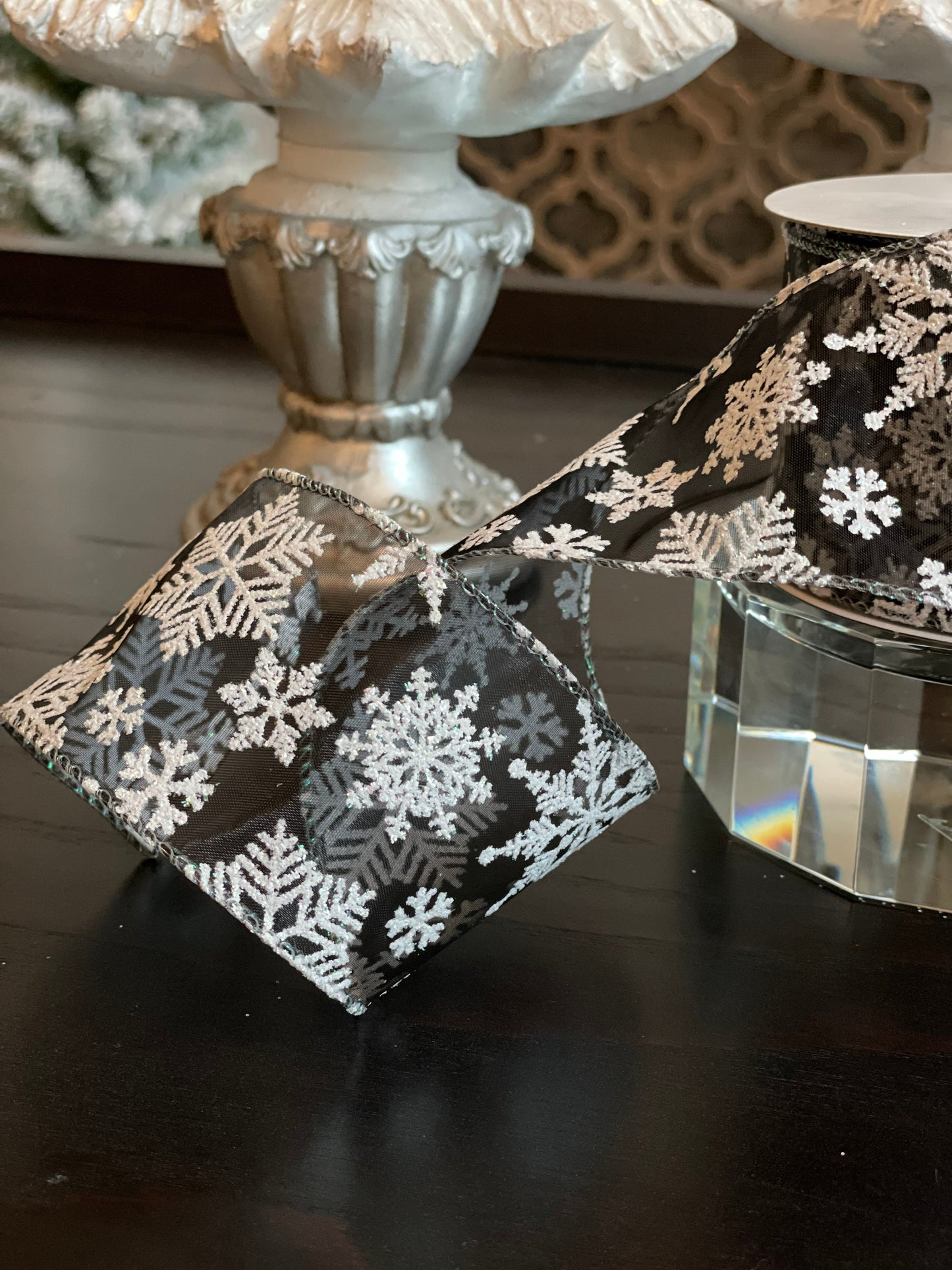 2.5” x 10 yd sheer snowflake wired ribbon. Gray.*
