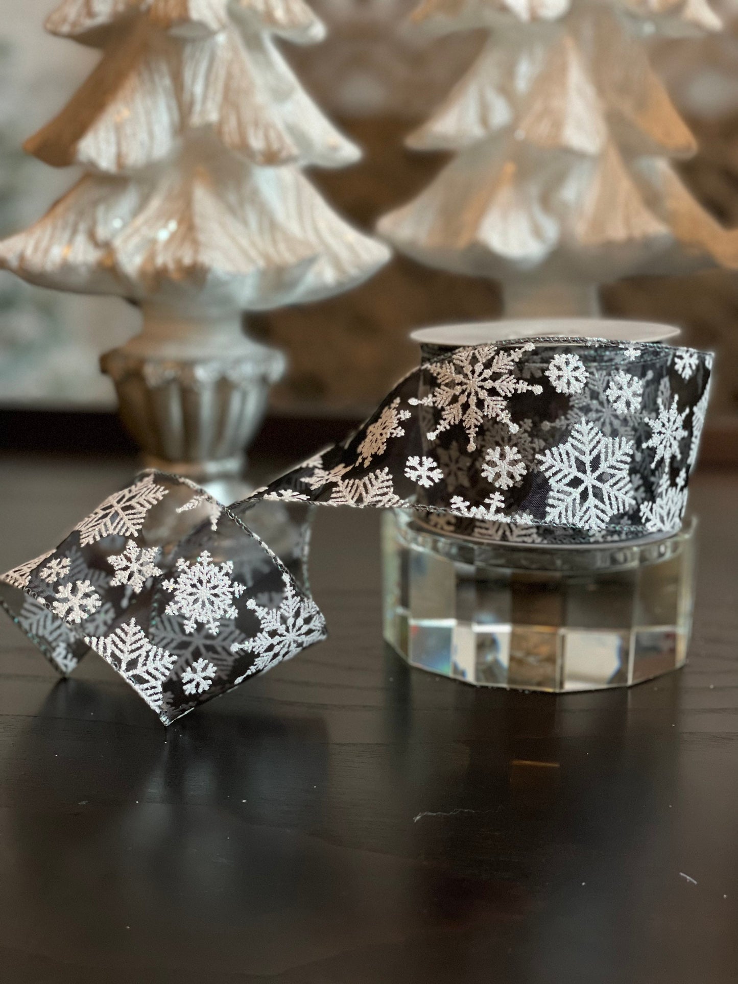 2.5” x 10 yd sheer snowflake wired ribbon. Gray.*