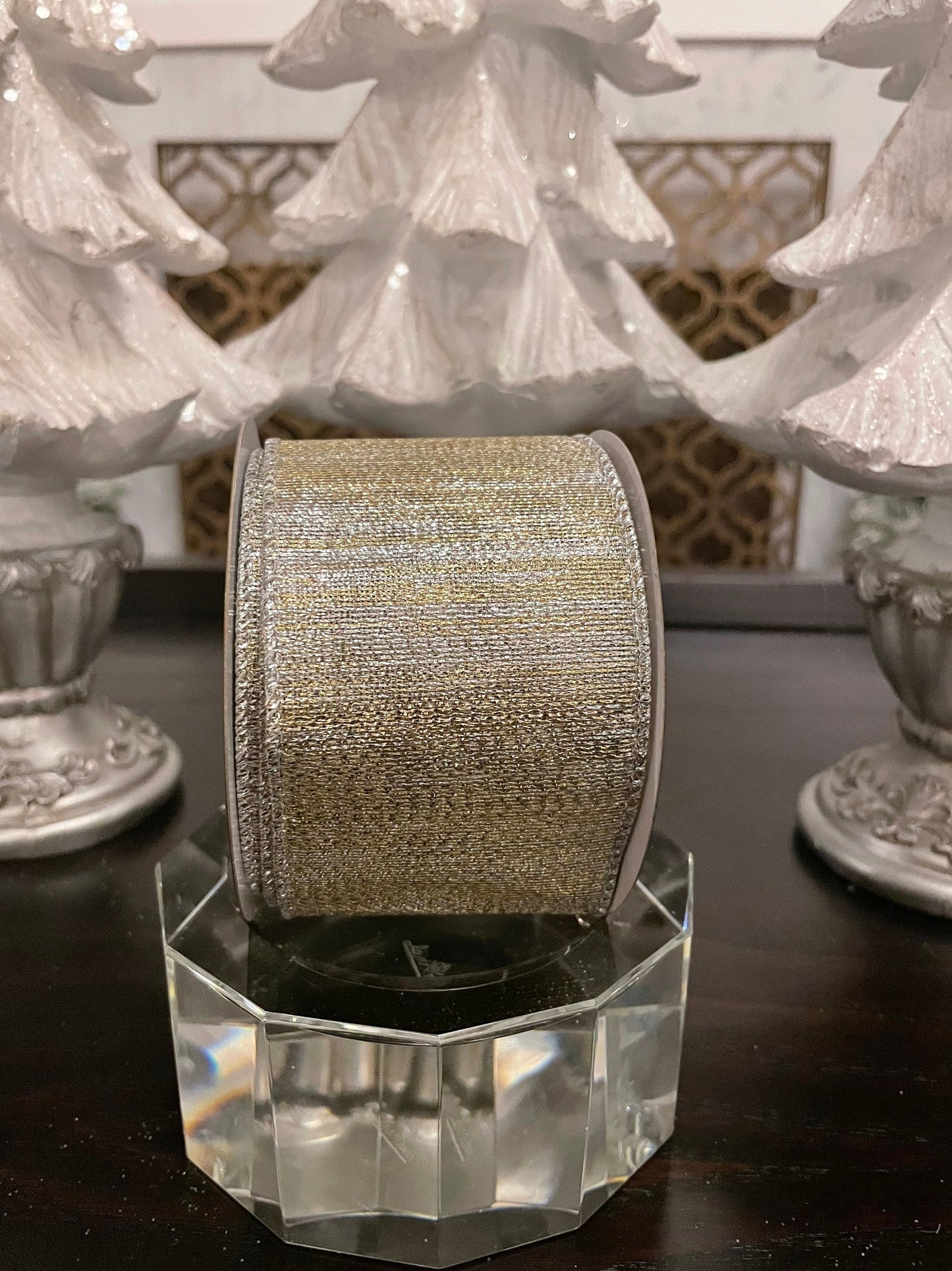 2.5” x 10 yd metallic ribbon wired. Platinum.*