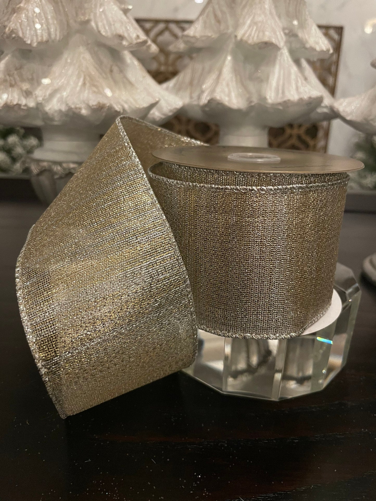2.5” x 10 yd metallic ribbon wired. Platinum.*