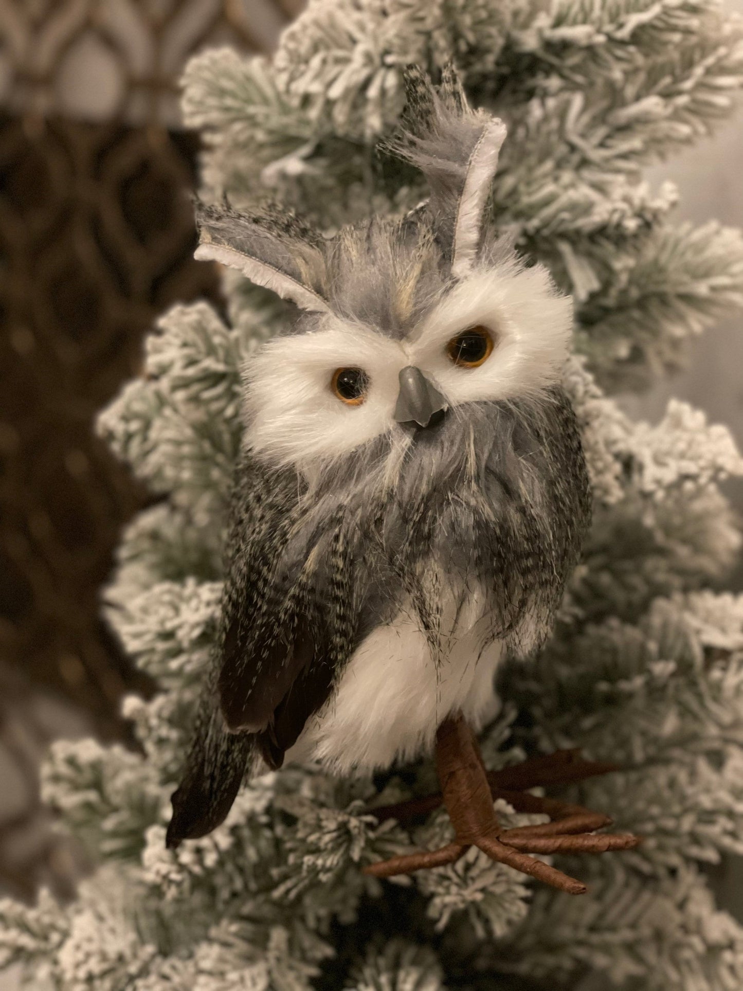 8.5” Owl ornament. White, gray, brown.