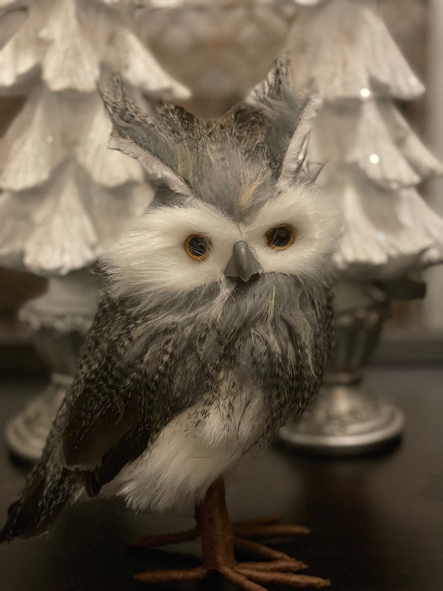 8.5” Owl ornament. White, gray, brown.