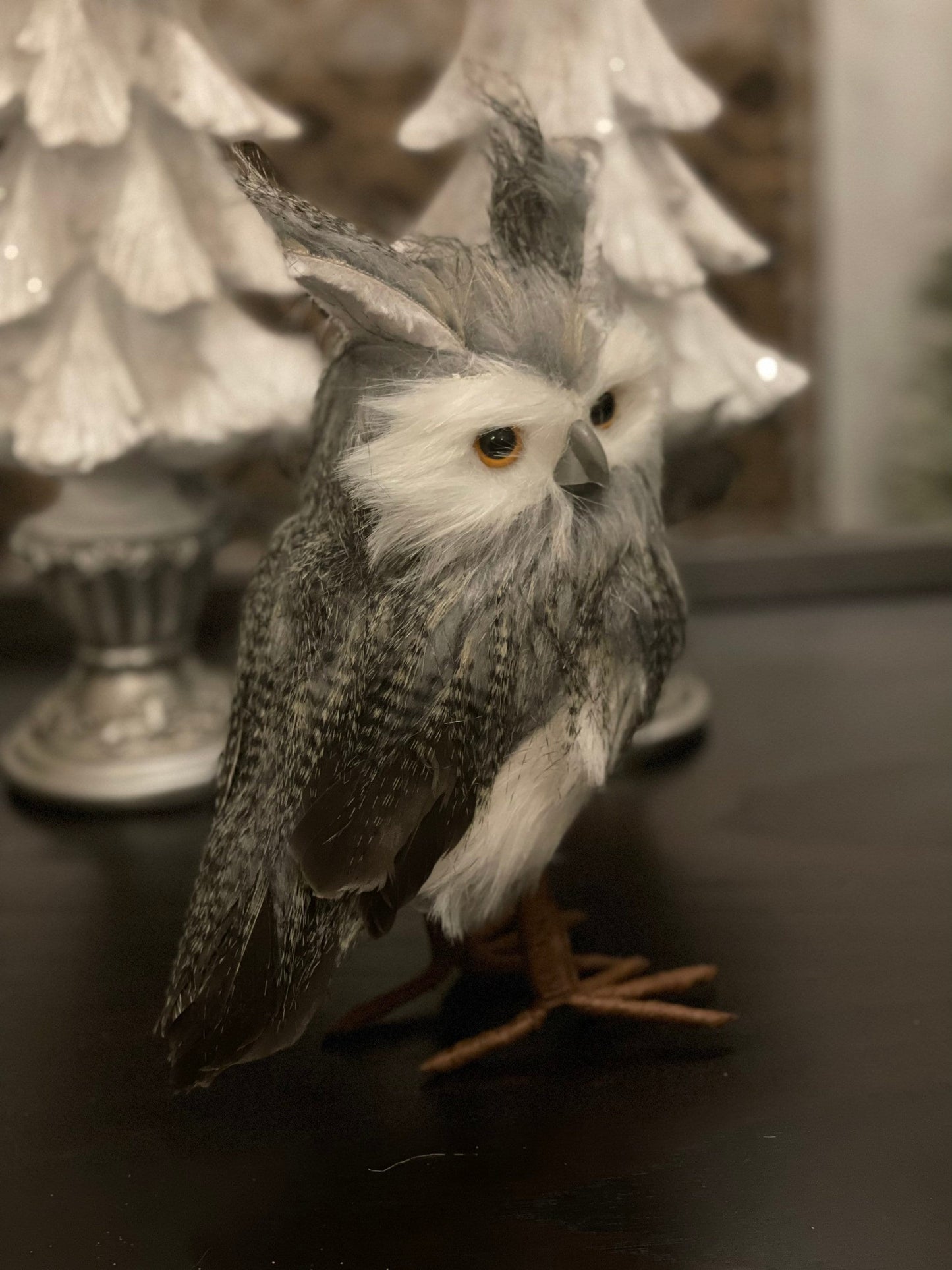 8.5” Owl ornament. White, gray, brown.