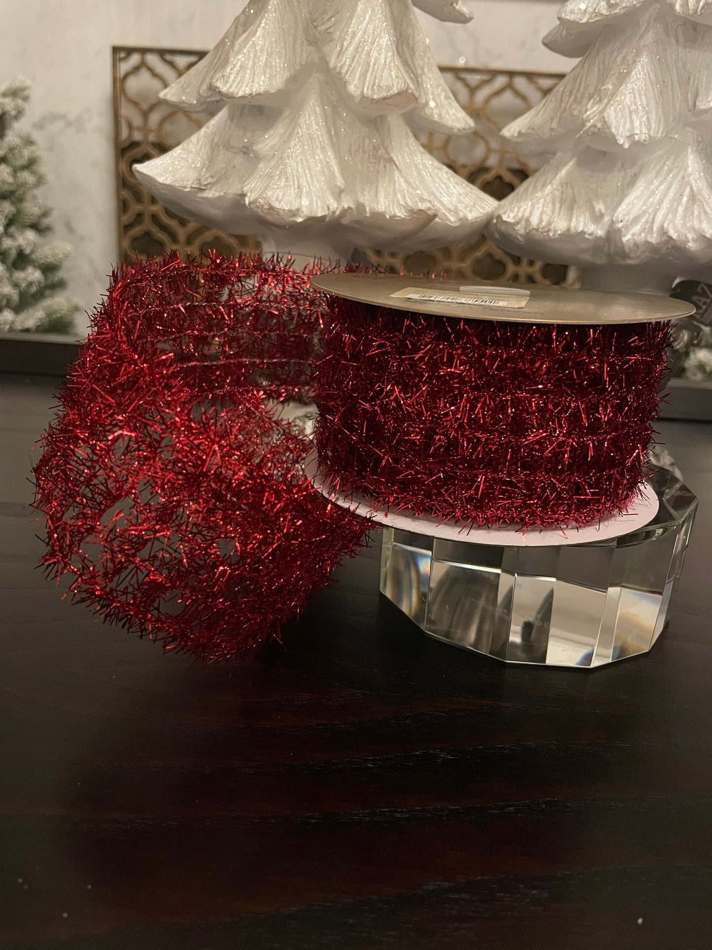 2.5” x 10 yd tinsel ribbon wired. Red.