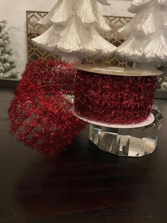 2.5” x 10 yd tinsel ribbon wired. Red.