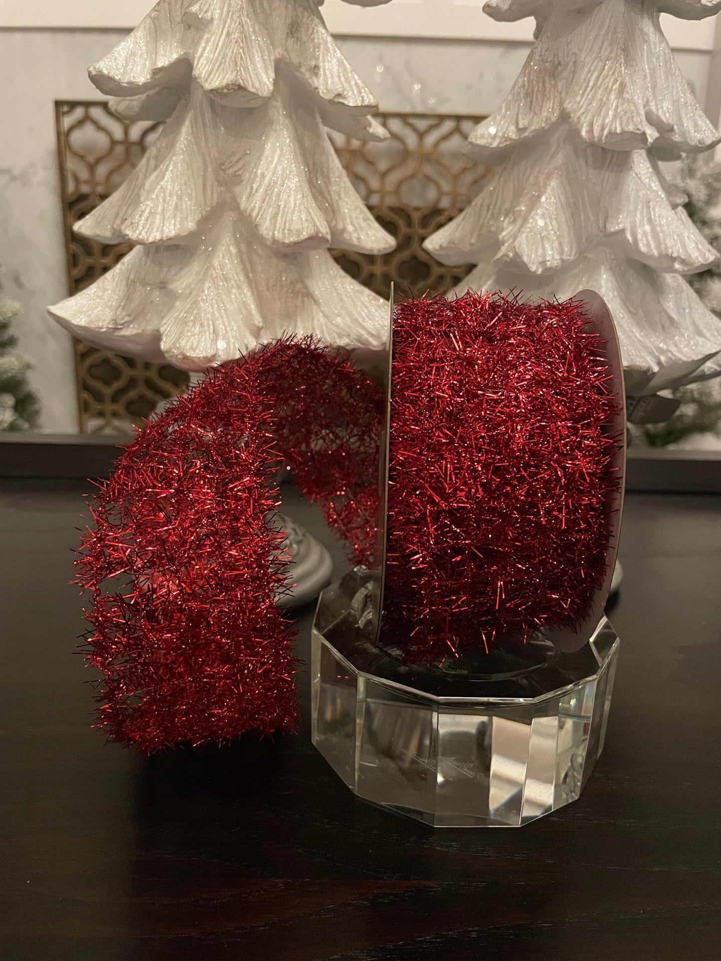 2.5” x 10 yd tinsel ribbon wired. Red.